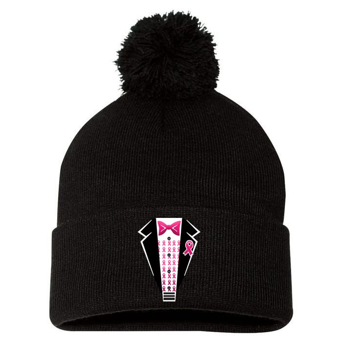 Breast Cancer Ribbon Tuxedo Pom Pom 12in Knit Beanie