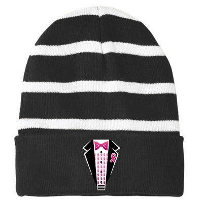 Breast Cancer Ribbon Tuxedo Striped Beanie with Solid Band