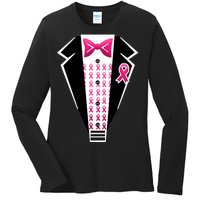 Breast Cancer Ribbon Tuxedo Ladies Long Sleeve Shirt