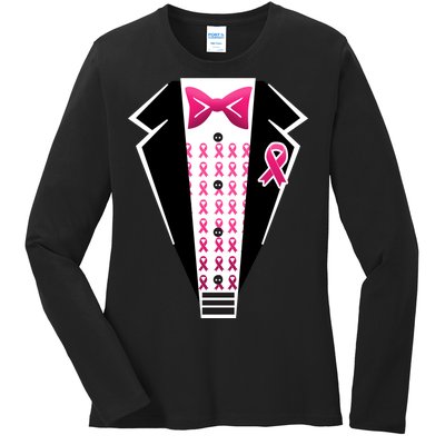 Breast Cancer Ribbon Tuxedo Ladies Long Sleeve Shirt