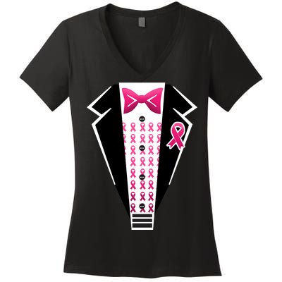 Breast Cancer Ribbon Tuxedo Women's V-Neck T-Shirt