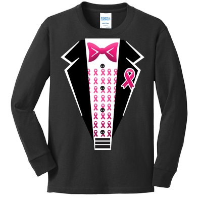 Breast Cancer Ribbon Tuxedo Kids Long Sleeve Shirt