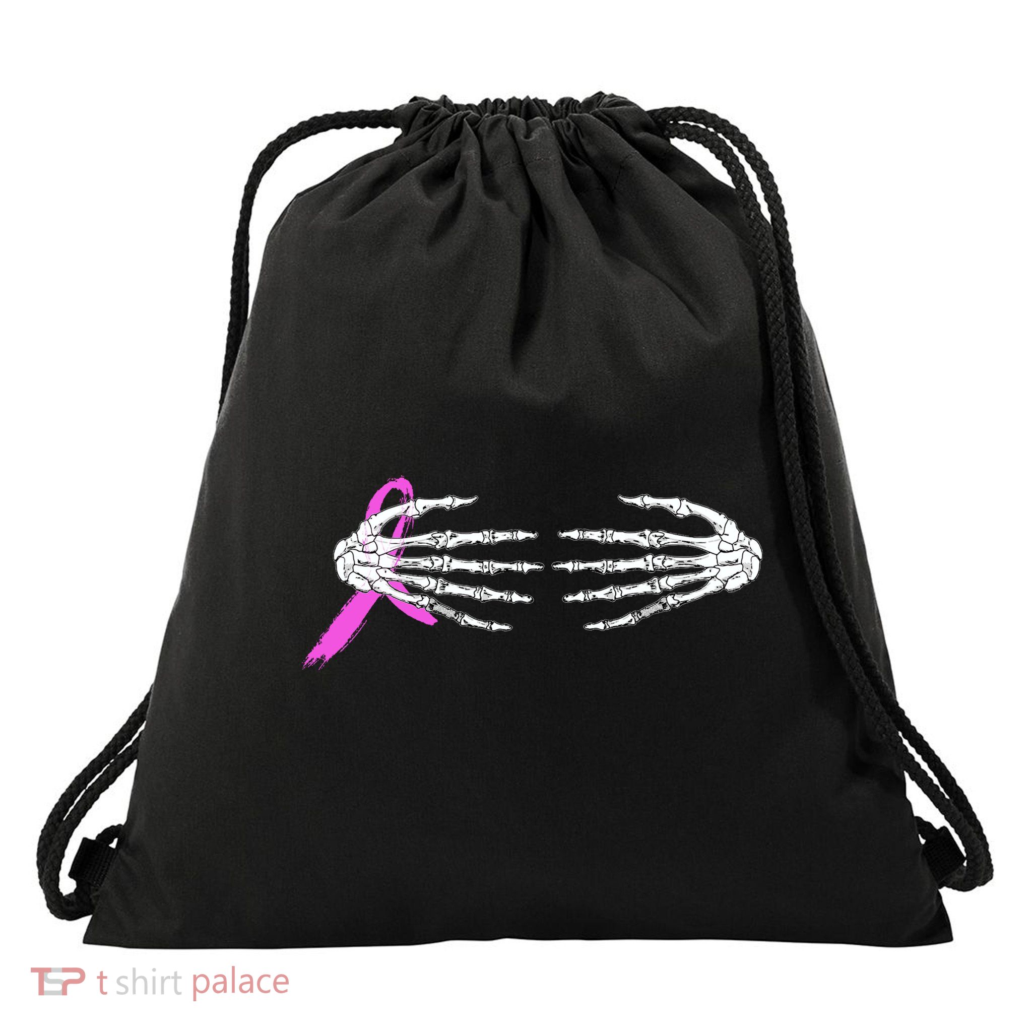 Breast Cancer Skeleton Hands Drawstring Bag