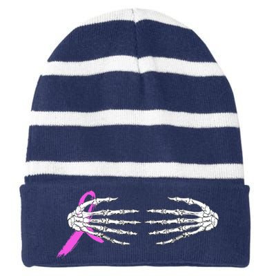 Breast Cancer Skeleton Hands Striped Beanie with Solid Band