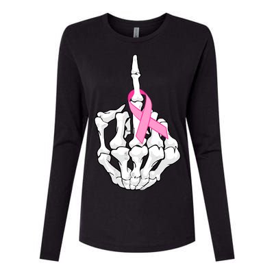 Breast Cancer Skeleton Middle Finger Ribbon Womens Cotton Relaxed Long Sleeve T-Shirt