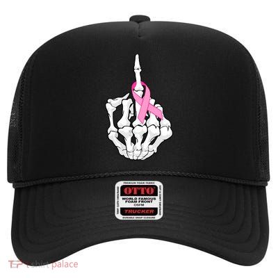 Breast Cancer Skeleton Middle Finger Ribbon High Crown Mesh Back Trucker Hat