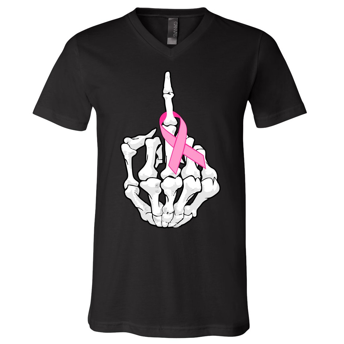 Breast Cancer Skeleton Middle Finger Ribbon V-Neck T-Shirt