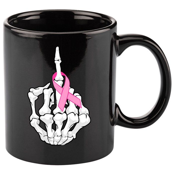 Breast Cancer Skeleton Middle Finger Ribbon 11oz C Handle Ceramic Mug