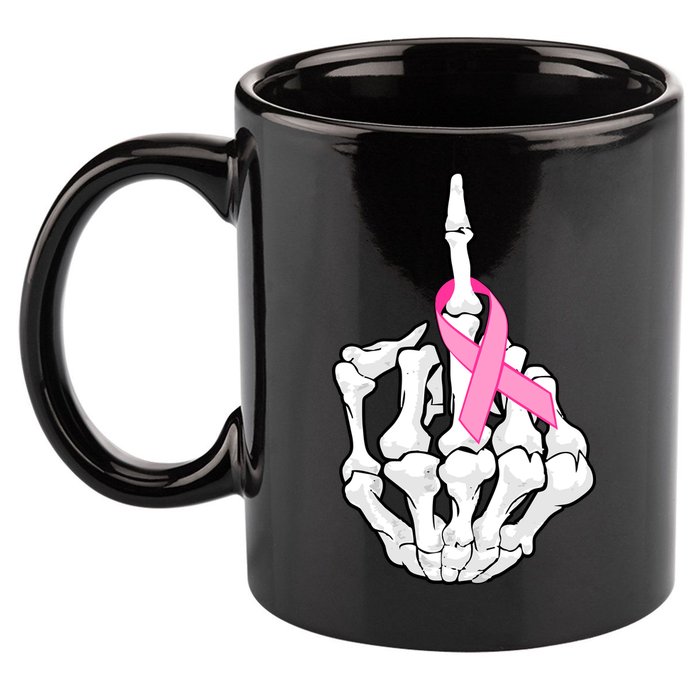 Breast Cancer Skeleton Middle Finger Ribbon 11oz C Handle Ceramic Mug