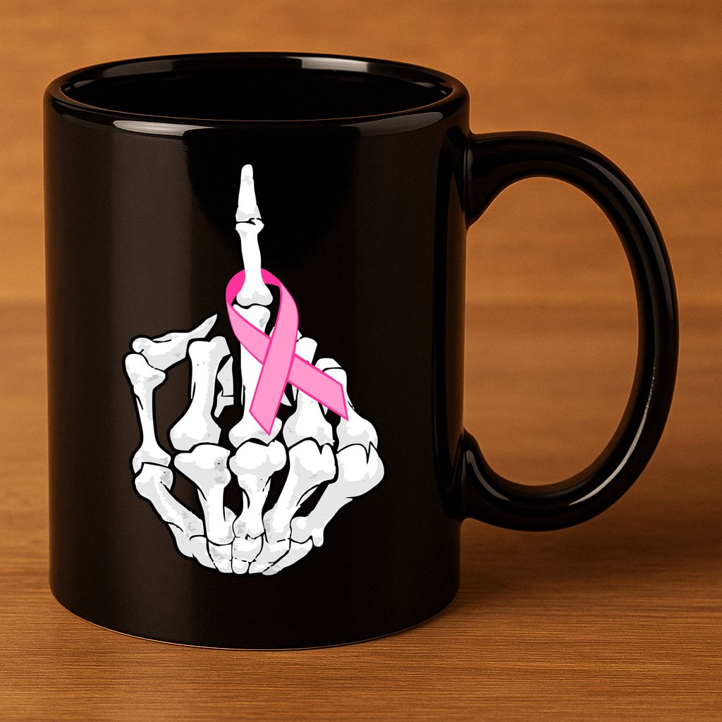 Breast Cancer Skeleton Middle Finger Ribbon 11oz C Handle Ceramic Mug