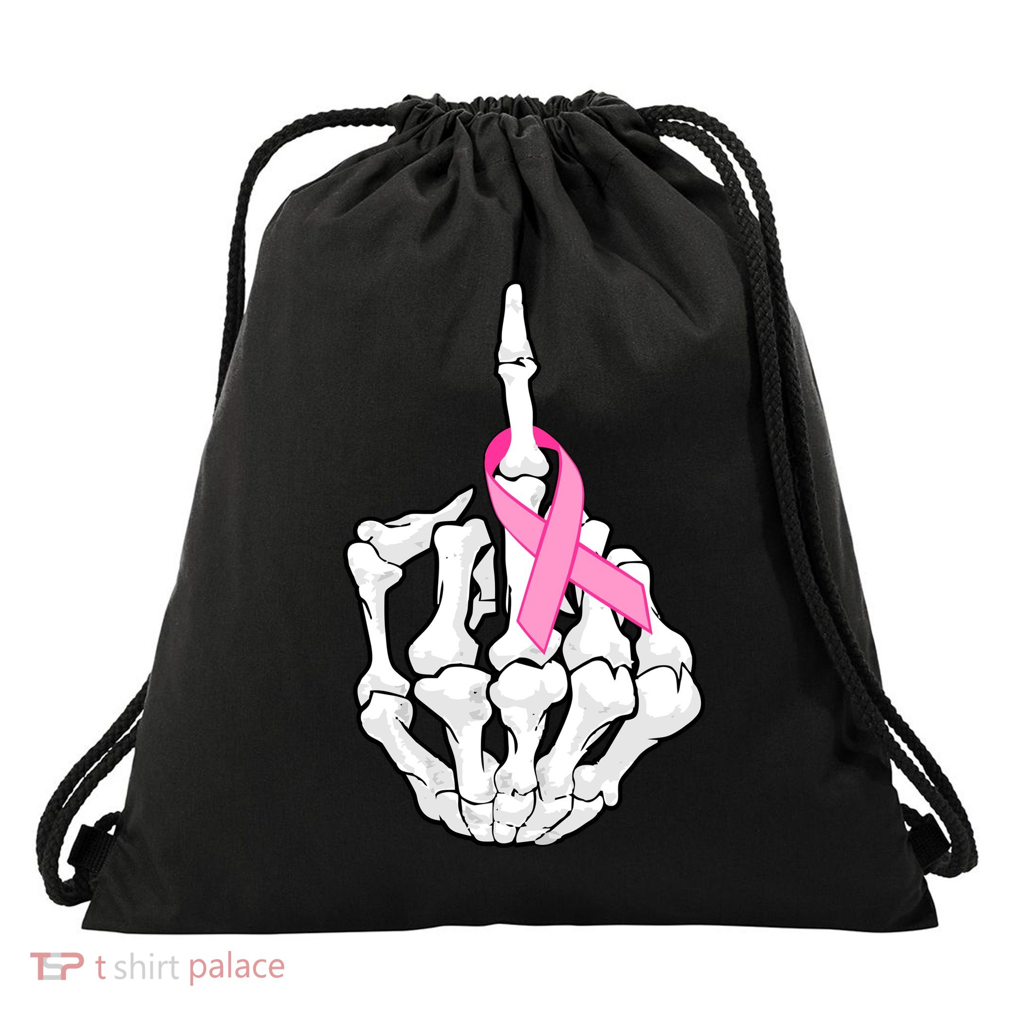 Breast Cancer Skeleton Middle Finger Ribbon Drawstring Bag