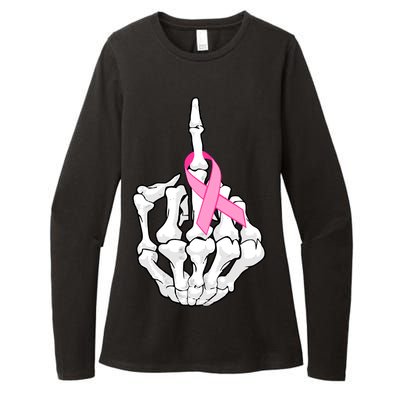 Breast Cancer Skeleton Middle Finger Ribbon Womens CVC Long Sleeve Shirt