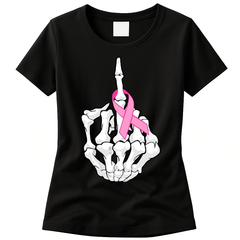 Breast Cancer Skeleton Middle Finger Ribbon Womens T-Shirt