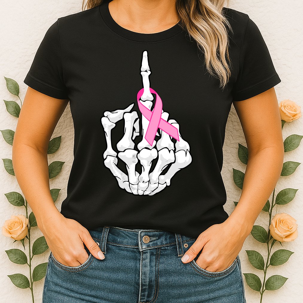 Breast Cancer Skeleton Middle Finger Ribbon Womens T-Shirt