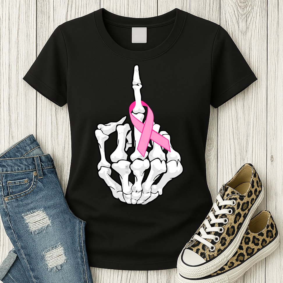 Breast Cancer Skeleton Middle Finger Ribbon Womens T-Shirt