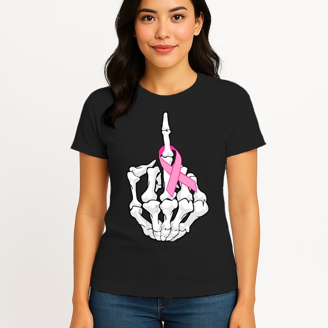 Breast Cancer Skeleton Middle Finger Ribbon Womens T-Shirt