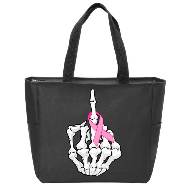 Breast Cancer Skeleton Middle Finger Ribbon Zip Tote Bag