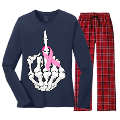 Breast Cancer Skeleton Middle Finger Ribbon Women's Long Sleeve Flannel Pajama Set 