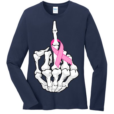 Breast Cancer Skeleton Middle Finger Ribbon Ladies Long Sleeve Shirt