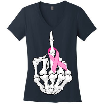 Breast Cancer Skeleton Middle Finger Ribbon Women's V-Neck T-Shirt