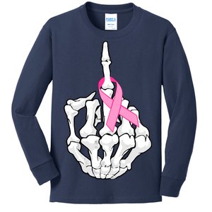 Breast Cancer Skeleton Middle Finger Ribbon Kids Long Sleeve Shirt