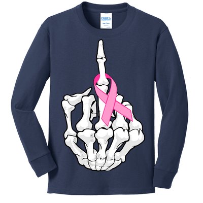 Breast Cancer Skeleton Middle Finger Ribbon Kids Long Sleeve Shirt