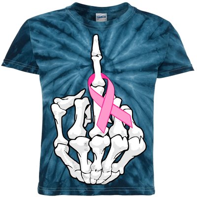 Breast Cancer Skeleton Middle Finger Ribbon Kids Tie-Dye T-Shirt