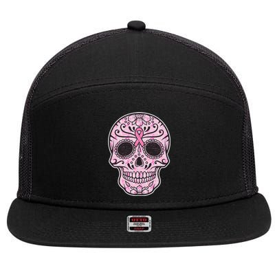 Breast Cancer Sugar Skull Day Of The Dead Dia De Los Muertos 7 Panel Mesh Trucker Snapback Hat