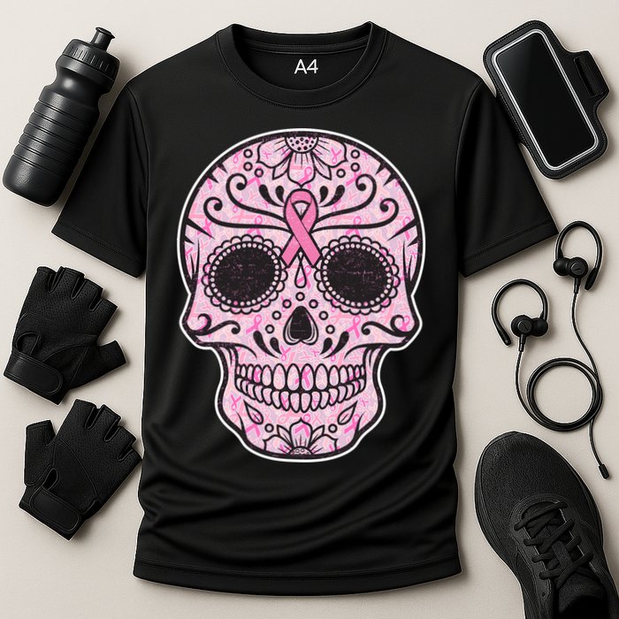 Breast Cancer Sugar Skull Day Of The Dead Dia De Los Muertos Cooling Performance Crew T-Shirt