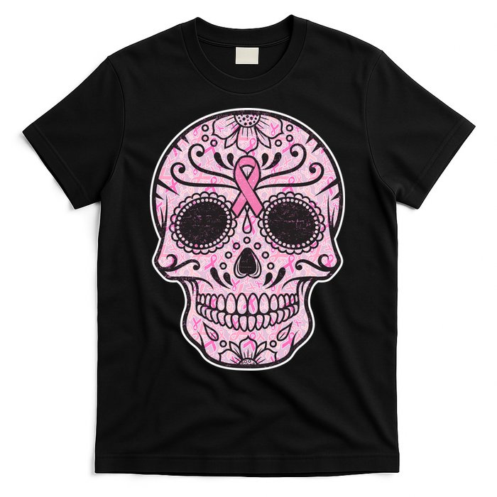 Breast Cancer Sugar Skull Day Of The Dead Dia De Los Muertos T-Shirt