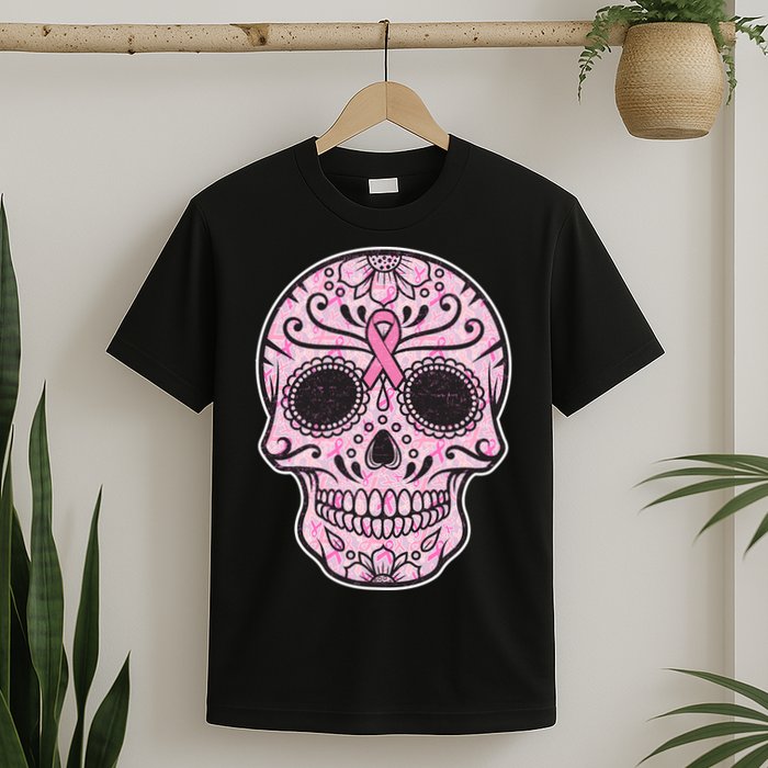 Breast Cancer Sugar Skull Day Of The Dead Dia De Los Muertos T-Shirt