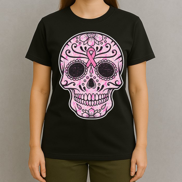 Breast Cancer Sugar Skull Day Of The Dead Dia De Los Muertos T-Shirt