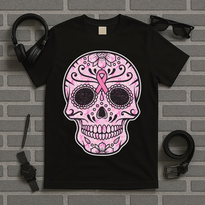 Breast Cancer Sugar Skull Day Of The Dead Dia De Los Muertos T-Shirt