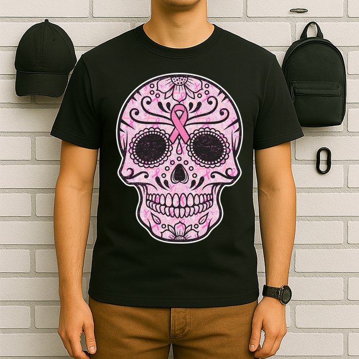 Breast Cancer Sugar Skull Day Of The Dead Dia De Los Muertos T-Shirt