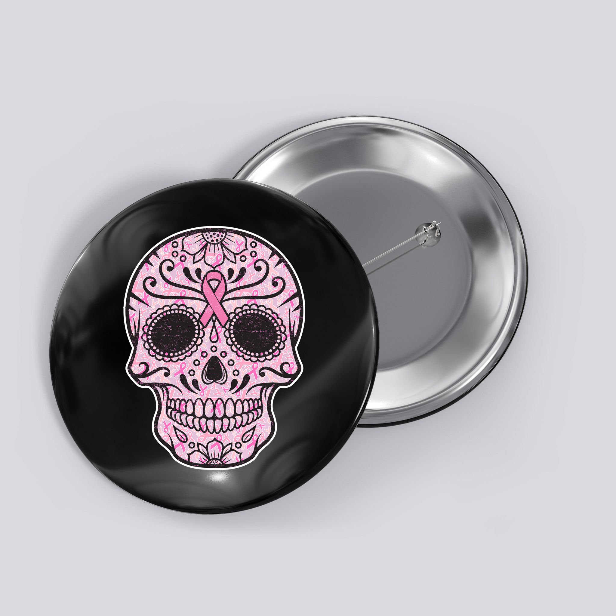 Breast Cancer Sugar Skull Day Of The Dead Dia De Los Muertos Button
