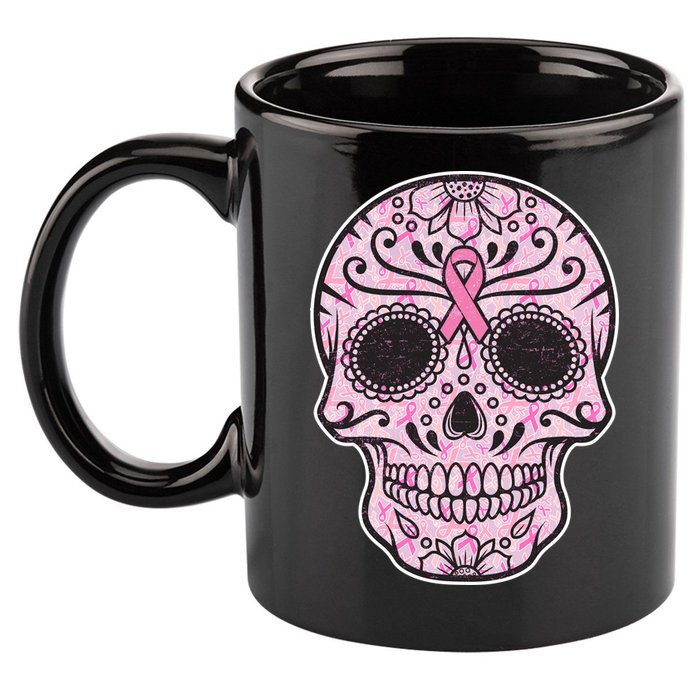 Breast Cancer Sugar Skull Day Of The Dead Dia De Los Muertos 11oz C Handle Ceramic Mug