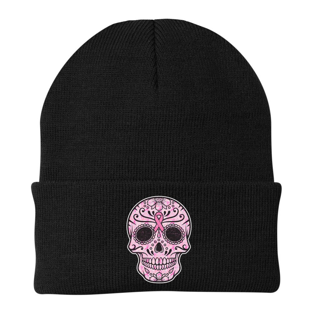 Breast Cancer Sugar Skull Day Of The Dead Dia De Los Muertos Beanie