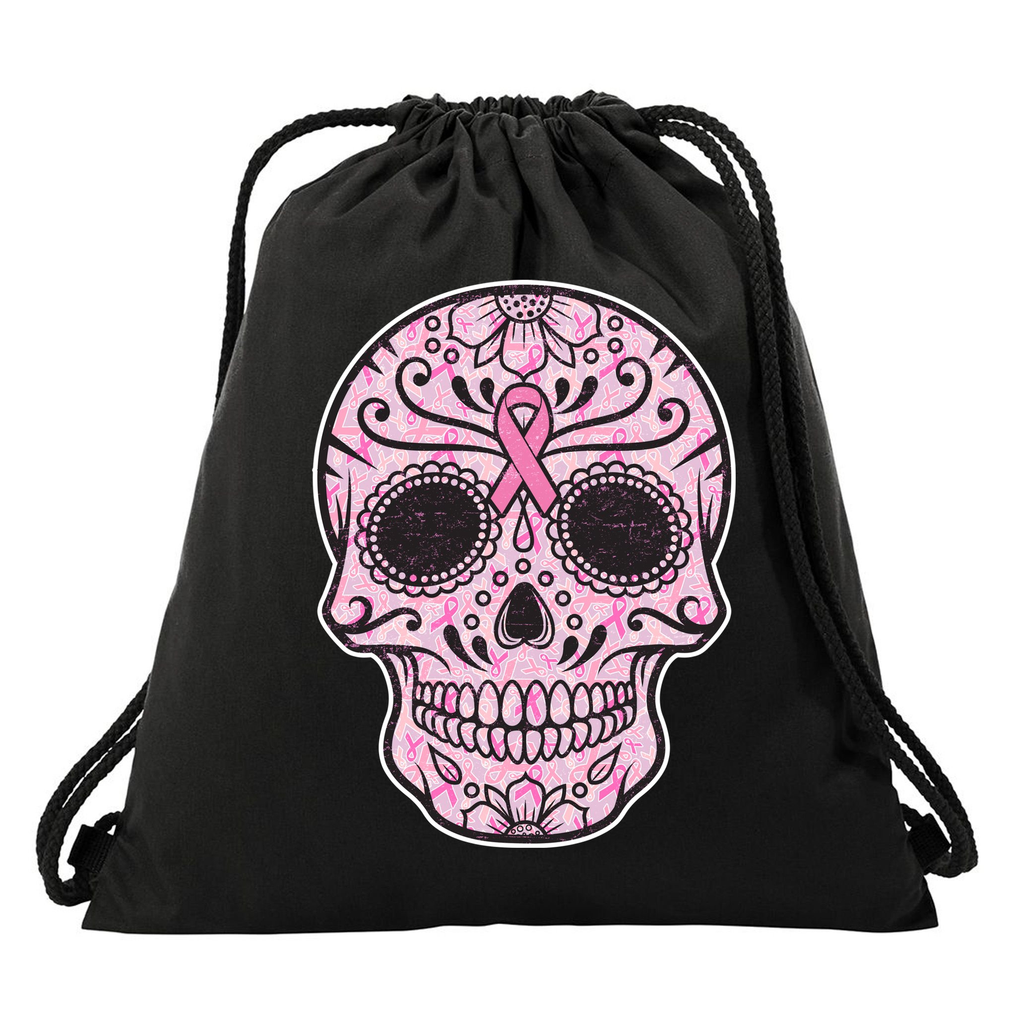 Breast Cancer Sugar Skull Day Of The Dead Dia De Los Muertos Drawstring Bag