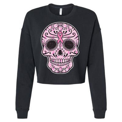 Breast Cancer Sugar Skull Day Of The Dead Dia De Los Muertos Cropped Pullover Crew