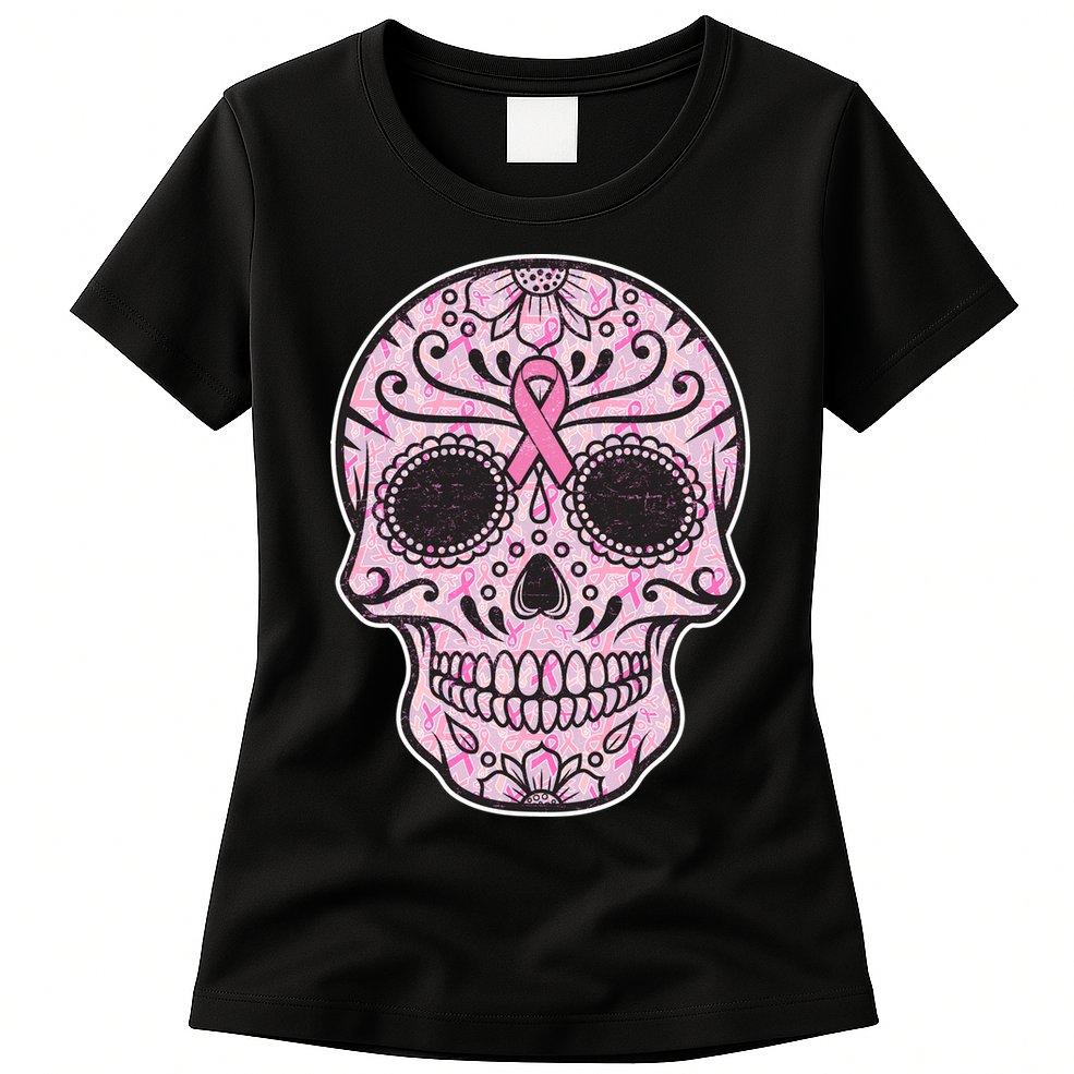 Breast Cancer Sugar Skull Day Of The Dead Dia De Los Muertos Womens T-Shirt