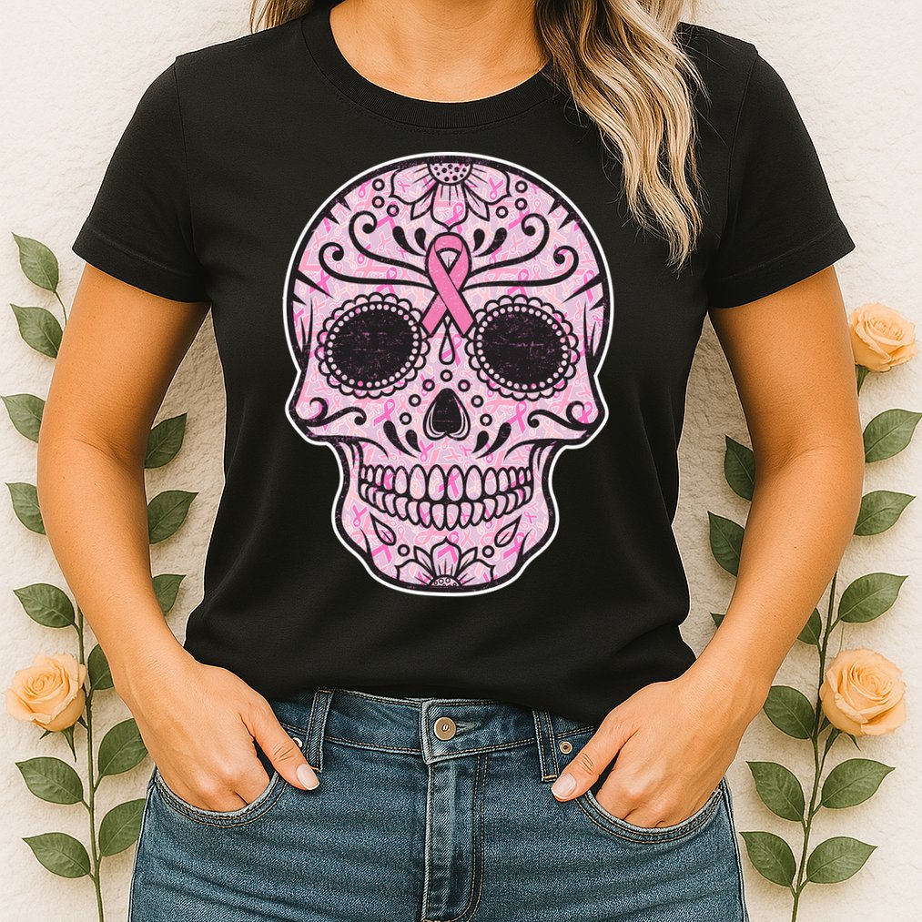 Breast Cancer Sugar Skull Day Of The Dead Dia De Los Muertos Womens T-Shirt