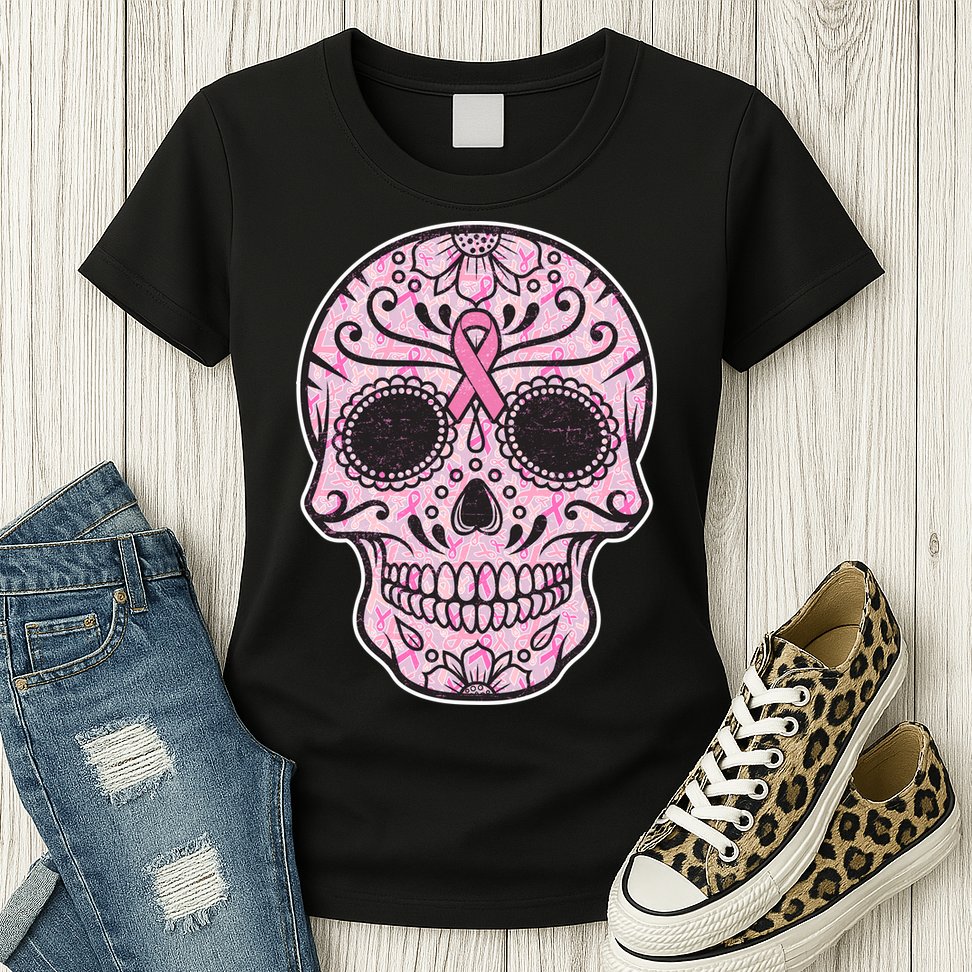 Breast Cancer Sugar Skull Day Of The Dead Dia De Los Muertos Womens T-Shirt