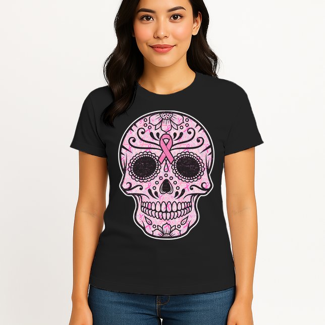 Breast Cancer Sugar Skull Day Of The Dead Dia De Los Muertos Womens T-Shirt
