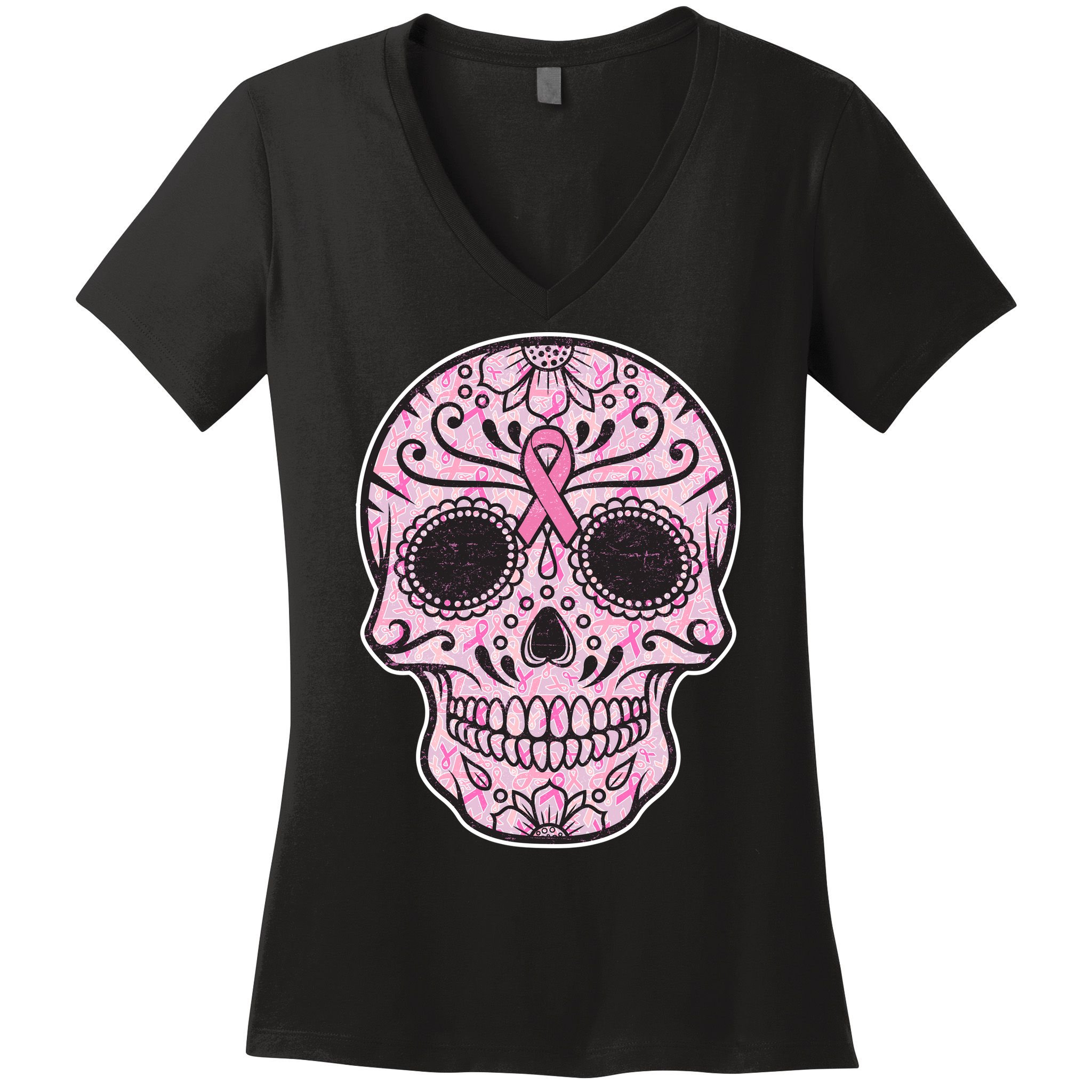 Breast Cancer Sugar Skull Day Of The Dead Dia De Los Muertos Women's V-Neck T-Shirt