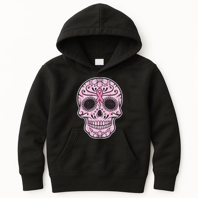 Breast Cancer Sugar Skull Day Of The Dead Dia De Los Muertos Kids Hoodie