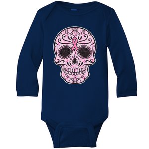 Breast Cancer Sugar Skull Day Of The Dead Dia De Los Muertos Baby Long Sleeve Bodysuit