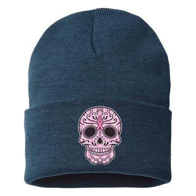 Breast Cancer Sugar Skull Day Of The Dead Dia De Los Muertos Sustainable Knit Beanie