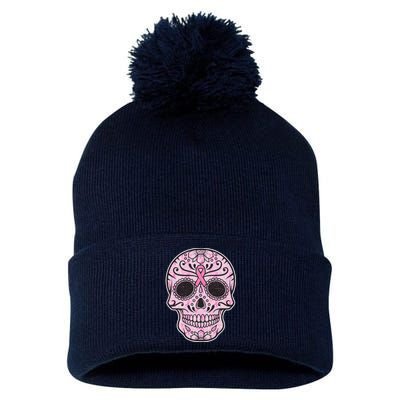 Breast Cancer Sugar Skull Day Of The Dead Dia De Los Muertos Pom Pom 12in Knit Beanie