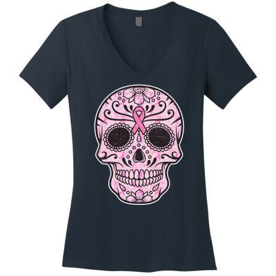 Breast Cancer Sugar Skull Day Of The Dead Dia De Los Muertos Women's V-Neck T-Shirt