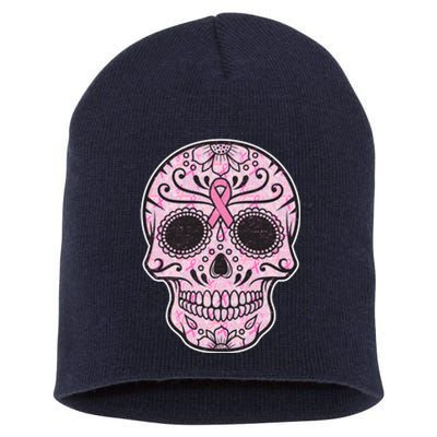 Breast Cancer Sugar Skull Day Of The Dead Dia De Los Muertos Short Acrylic Beanie